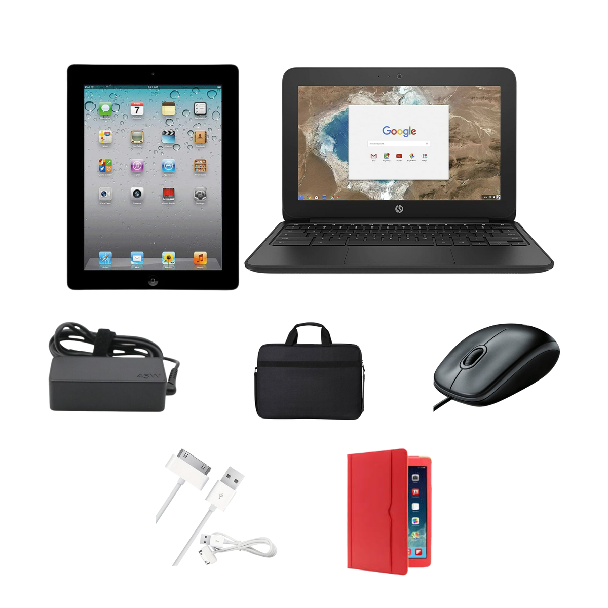 HP Or Lenovo Chromebook And iPad 2nd Generation With Free Charger, Charging Cable, Bag, Cover And Mouse